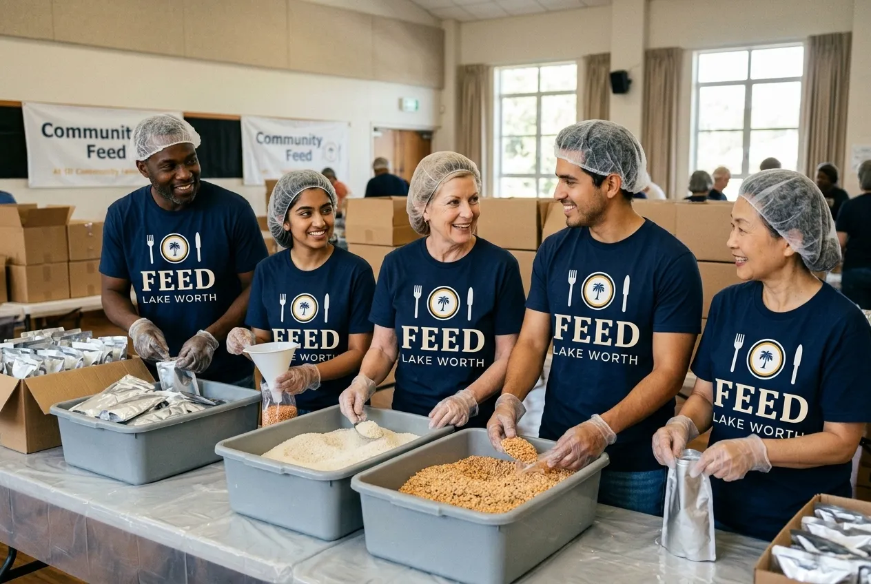 Feed Lake Worth volunteers filling meal pouches along the packing line
